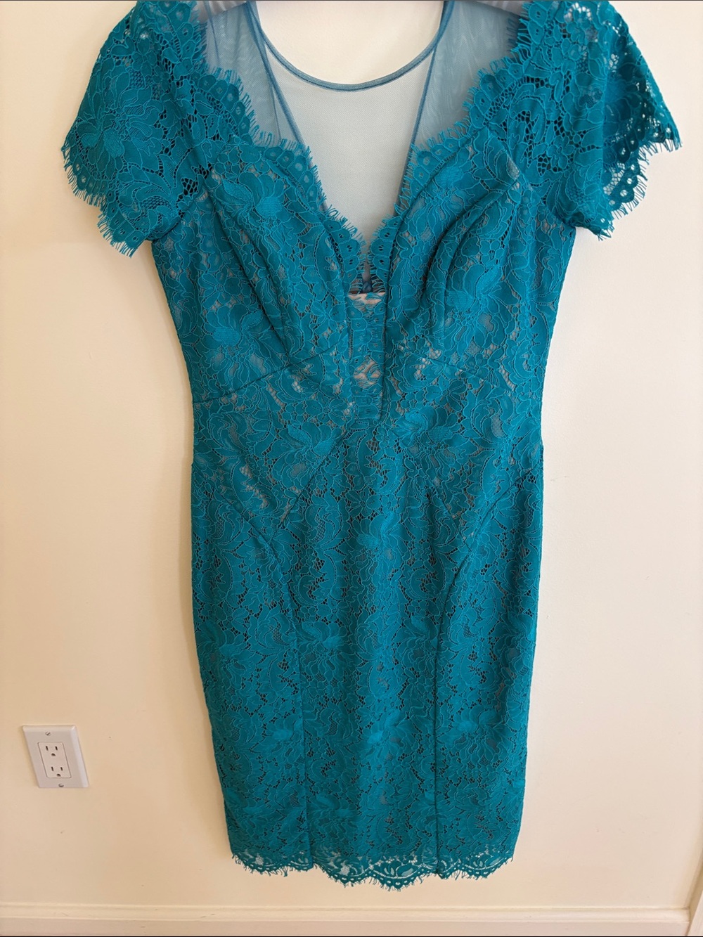 Rene Ruiz Teal Lace Sheath Midi Dress